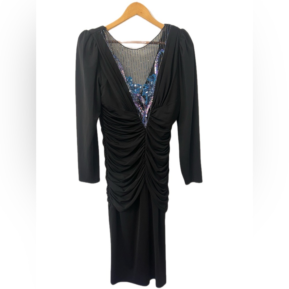 Vintage Casadei Black Ruched Embellished Cocktail Dress Size 12